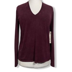 Burgundy Top, Raw Edge V-Neck, Lightweight, Soft & Cozy by Treasure & Bond